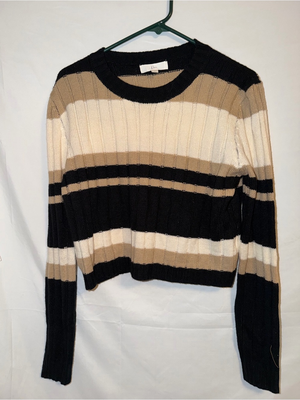 Klesis Striped Cropped Sweater M Black Tan Ivory Ribbed Knit Y2K Preppy